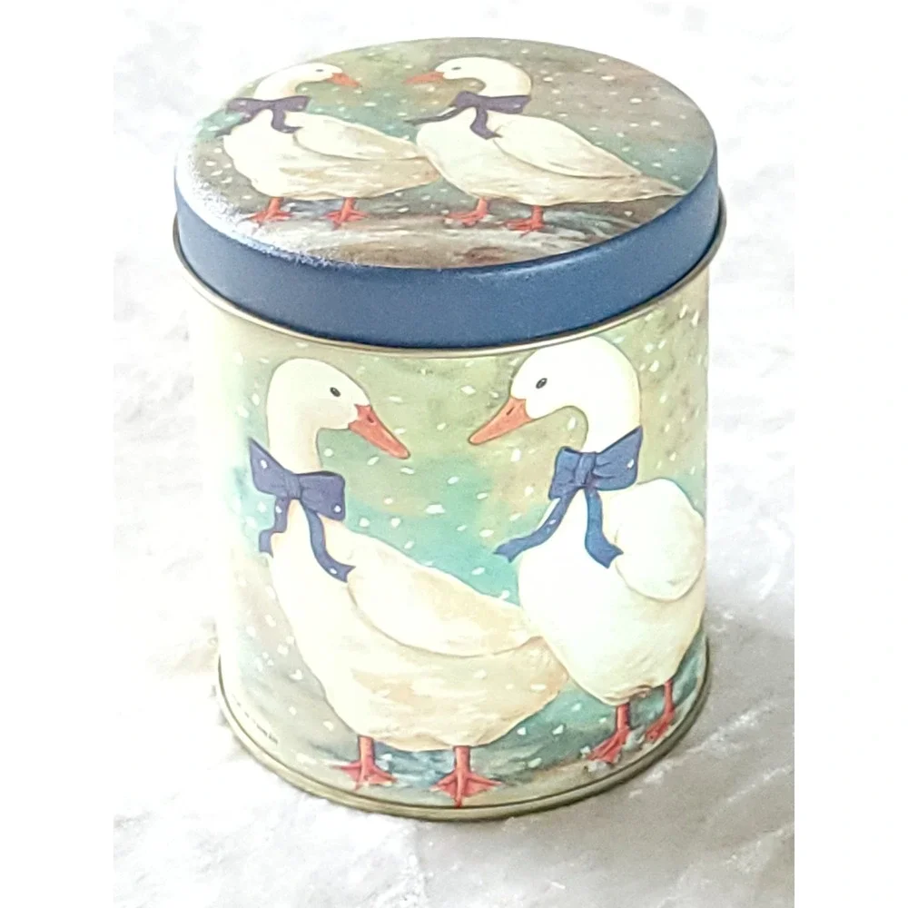 Vtg Country Geese Nesting Tin Canisters Set of 3 Blue Bows Farmhouse Decor